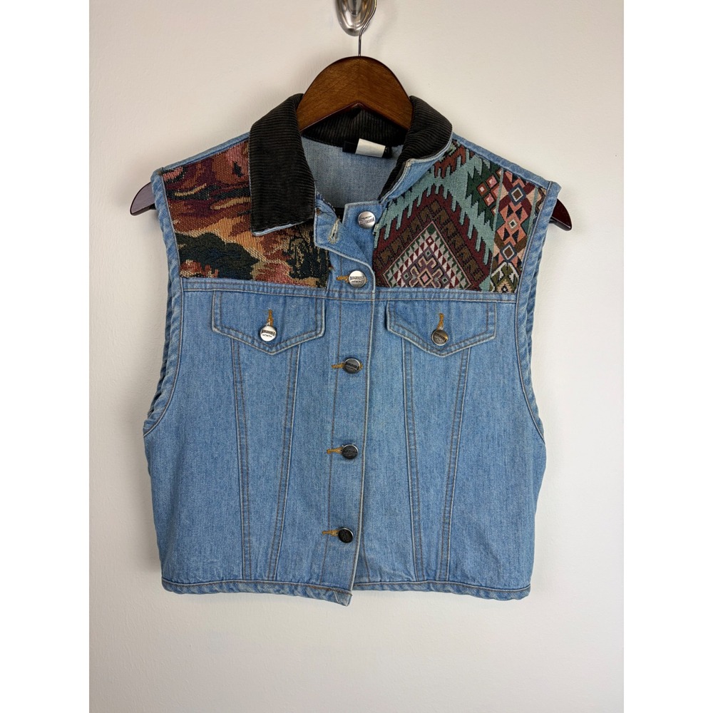 Vintage Roughrider Circle T Denim Vest Small Blue Southwest Tapestry Corduroy